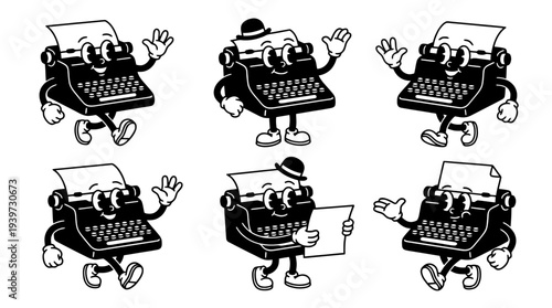 typewriter, cute retro cartoon style vector set , white background , PNG and SVG isolate