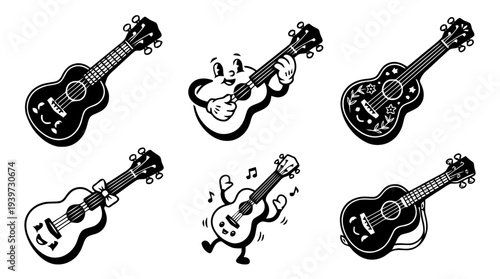 ukulele, cute retro cartoon style vector set , white background , PNG and SVG isolate