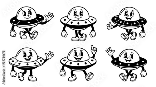 ufo, cute retro cartoon style vector set , white background , PNG and SVG isolate