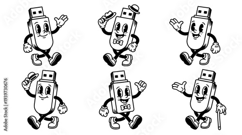 usb flash drive, cute retro cartoon style vector set , white background , PNG and SVG isolate