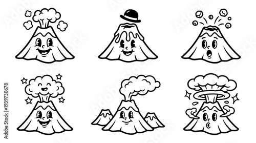 volcano eruption, cute retro cartoon style vector set , white background , PNG and SVG isolate