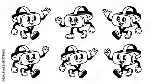 vr headset, cute retro cartoon style vector set , white background , PNG and SVG isolate
