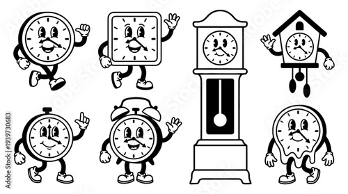 wall clock, cute retro cartoon style vector set , white background , PNG and SVG isolate