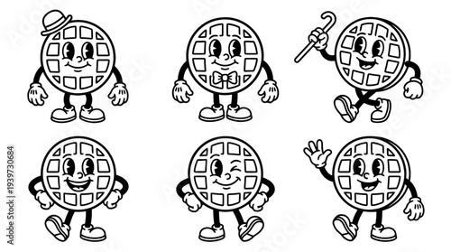 waffle, cute retro cartoon style vector set , white background , PNG and SVG isolate