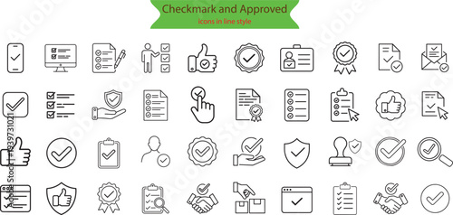 Checkmark and Approved web icon set in line style. Checklist, accepted, stamp, accept, agree, quality control, collection.