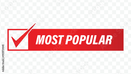 Red most popular checklist flat design label for trending products, top-voted items, and retail stickers.