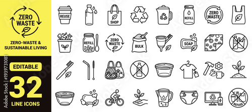 Zero‑waste and sustainable living icon set with reusables, recycling, bulk shopping, composting, eco habits, green energy, and essential eco ranking symbols in clean modern line‑art style