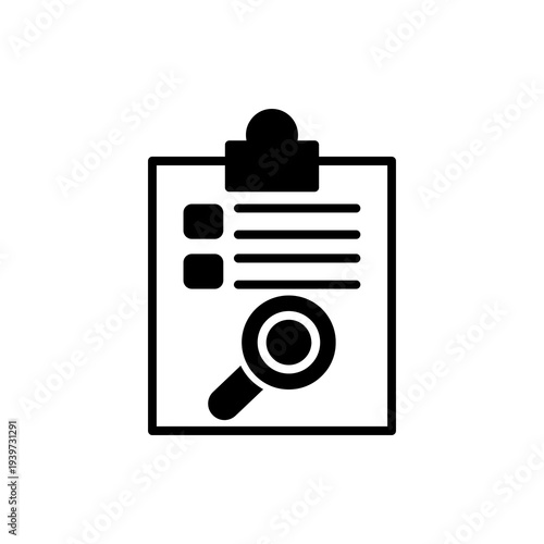 Medical clipboard document with magnifying glass line icon, clinical laboratory test results vector illustration, healthcare diagnosis report research analysis symbol graphic design isolated on white