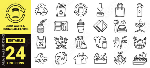 Zero‑waste and sustainable living icon set with recycling, composting, reusables, eco habits, repair, gardening, and essential eco ranking symbols in clean modern line‑art vector style