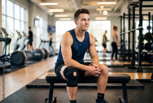 Handsome male athlete wearing knee brace resting on bench inside modern fitness center