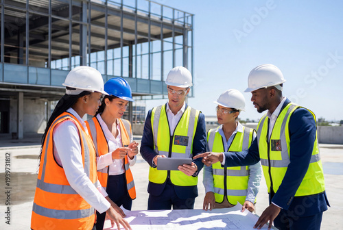 Diverse team of engineers and architects reviewing blueprints at a construction site