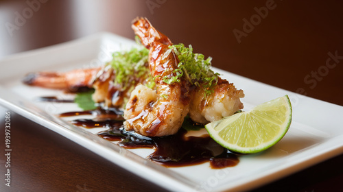 Grilled Shrimp with Lime and Sauce on White Plate