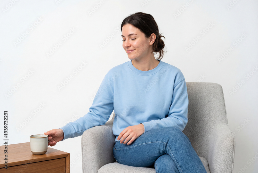 Fototapeta premium Young woman in blue sweatshirt reaching for coffee mug on table while sitting in armchair