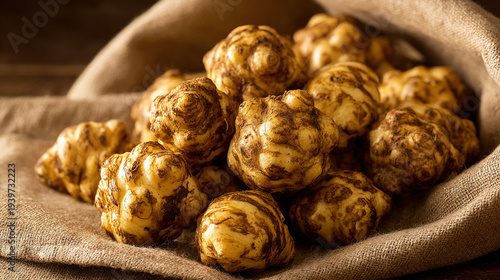 Fresh Turmeric Roots in a Textured Linen Bag
