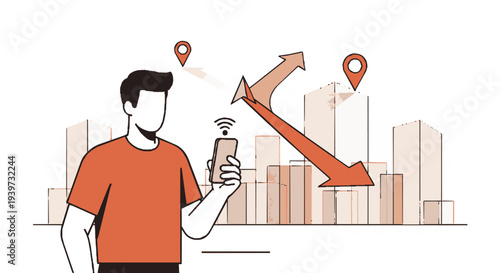 Man uses smartphone with city map and navigation icons indicating travel or location services