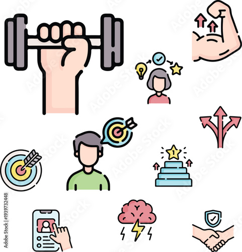 Personal Growth and Business Strategy Filled Outline Icon, Set of Personal Growth and Business Strategy Filled Outline Icons Vector Illustration, Minimalist Target Decision Making and Team Trust
