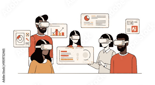 Four people wear vr headsets view data charts and graphs in modern office setting with virtual reality technology