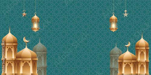 Islamic 3d podium round stage for Eid Mubarak, Islamic background with elegant mosque, illustration.