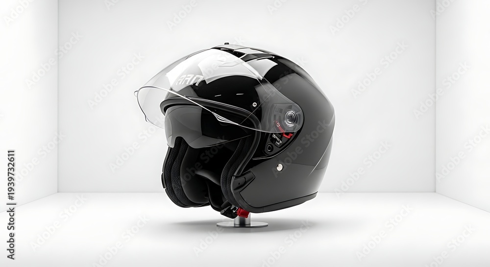 Fototapeta premium Motorcycle helmet on display in a studio setting viewed from the side