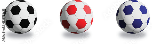 Three Soccer Balls Black Red Blue Isolated on White
