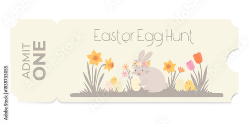 Easter egg hunt admission ticket with cute bunny, chicken and flower illustration. Decorative spring holiday coupon for celebration event. Graphic design element for festive activity.