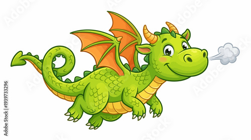 Cute Green Cartoon Dragon Flying with Orange Wings Illustration