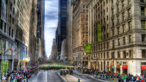 Crowd Marching Down a Narrow Urban Street with Tall Buildings