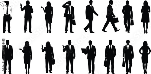 Business professionals silhouettes, corporate attire, office workers, men women figures, walking standing poses, briefcase holding, pointing gestures, vector illustration pack