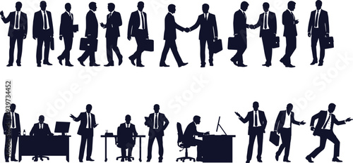 Business silhouettes, corporate attire, office workers, men women figures, suits ties briefcases documents, desk computer activities, professional gestures, vector illustration pack