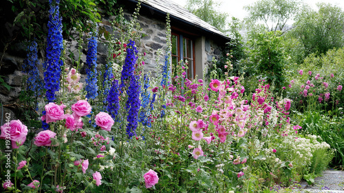 Vibrant flowers cascading down a stone wall beside a cottage garden