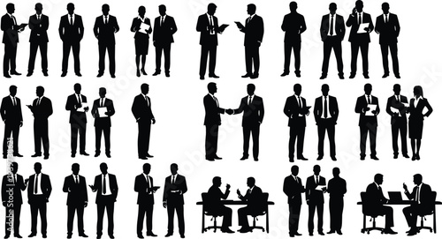 Set of business people silhouettes in formal suits, professional corporate workers shaking hands, meeting, communicating, and working in office environment