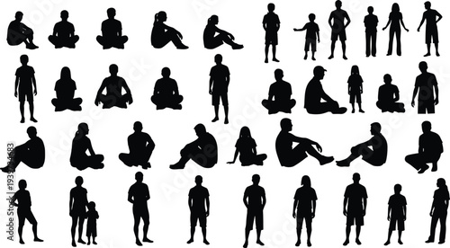 Human silhouettes, seated standing poses, cross legged, bent legs, diverse ages, male female figures, posture collection, everyday gestures, vector illustration pack