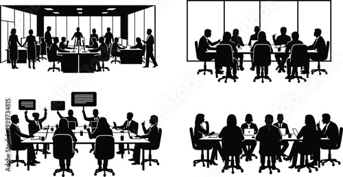 Office silhouettes, meeting room scenes, business professionals, teamwork collaboration, conference table discussions, desk computer work, corporate environment, vector illustration pack