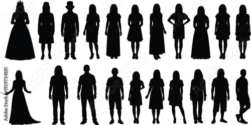 Human silhouettes, diverse clothing styles, casual formal attire, crowned royal figures, ceremonial gowns, male female postures, expressive gestures, vector illustration pack
