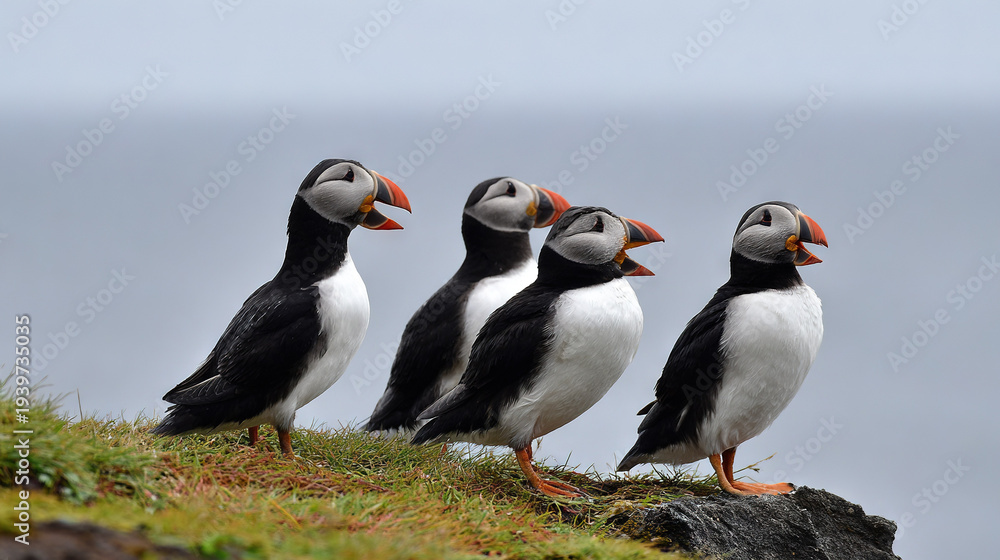 Fototapeta premium Black-and-white seabirds with orange beaks on grassy cliffs