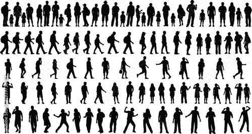 Human silhouettes, everyday poses, walking standing talking phone carrying bags, diverse ages, adults children elderly figures, posture collection, vector illustration pack