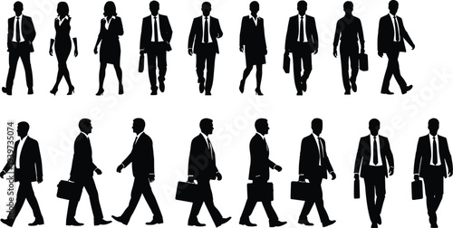 Black silhouette of business people walking, professional men and women carrying briefcases, corporate employees commuting isolated on white background.