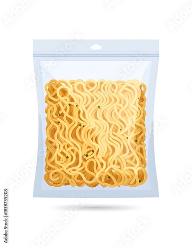 A clear, sealed plastic packet showcases a golden-brown, wavy block of dried noodles, with green flecks, suggesting herbs or seasonings