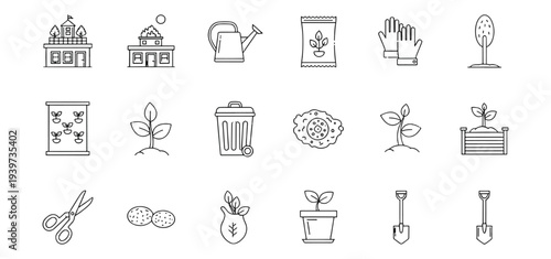 Minimalist Outline Icons for Organic Farming Landscaping and Backyard Gardening