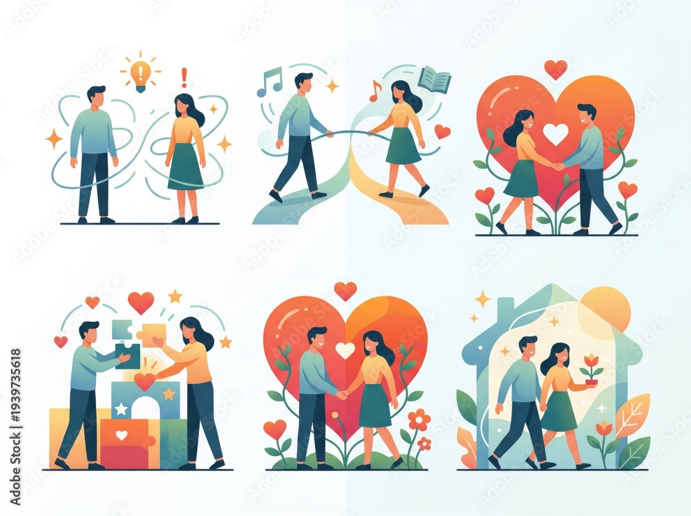 Fototapeta premium Emotional connection and collaboration depicted through engaging illustrations of partnerships showcasing love, creativity, shared experiences, and harmonious companionship