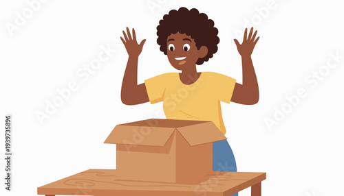 vector of a happy African American woman with open arms, looking surprised and pleased, standing behind an open cardboard box on a table, symbolizing exciting package unboxing and online shopping