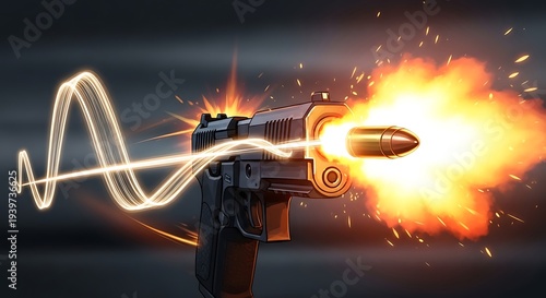 Animated illustration of a handgun firing a bullet, with stylized effects and glowing trails