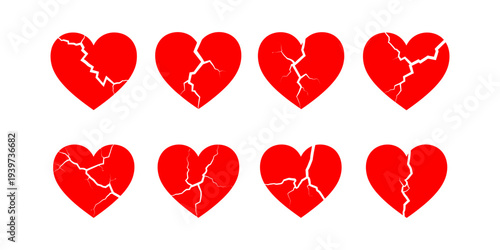 Red heart shapes set with various modern and classic styles, including cracked heart icons, isolated flat vector design