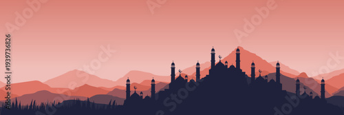 Panoramic warm sunrise Ramadan Kareem background with mosque silhouette and mountain landscape