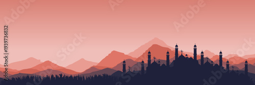 Wide screen Islamic holiday banner featuring elegant minarets and peach dawn copy space