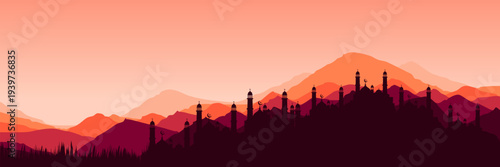 Atmospheric red Arabian twilight horizon for community iftar dinner invitation design