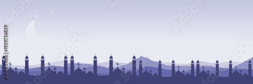 Serene Eid Mubarak vector illustration with crescent moon over majestic mosque mountains