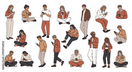 Diverse group of people using smartphones in various poses and outfits on a clean white background showcasing different styles