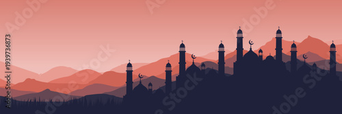 Atmospheric red Arabian dawn horizon for community sahoor event invitation design