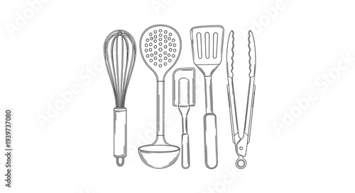 Collection of hand-drawn kitchen utensils including a whisk, ladle, spatula, and tongs